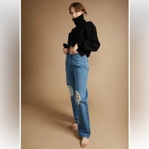 Oak + Fort Highrise Straight Wide Leg Distressed Knee Organic Cotton Blue Jeans